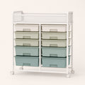 Double-wide 10-drawer rolling storage cart in white, sage green and blue-green