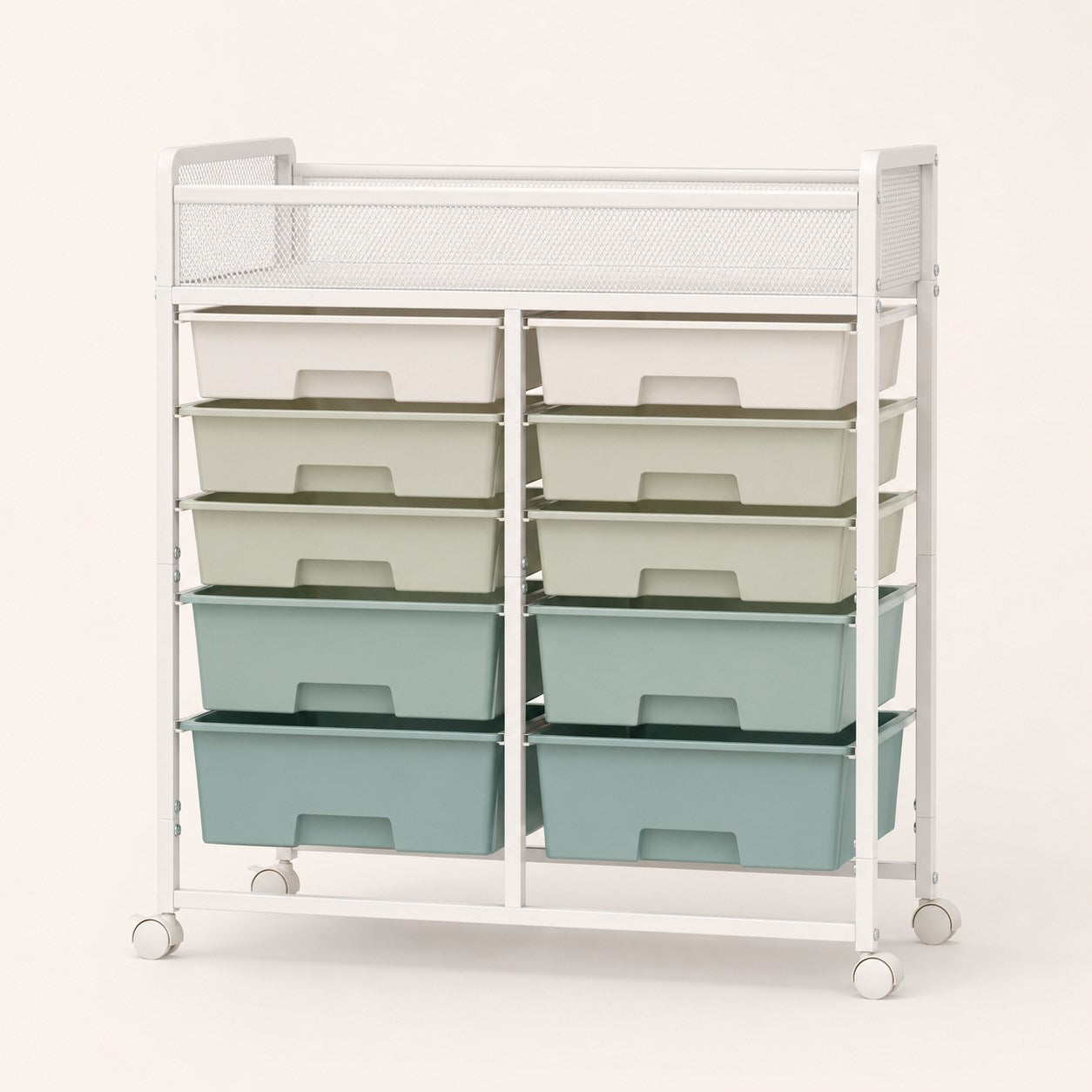 Double-wide 10-drawer rolling storage cart in white, sage green and blue-green
