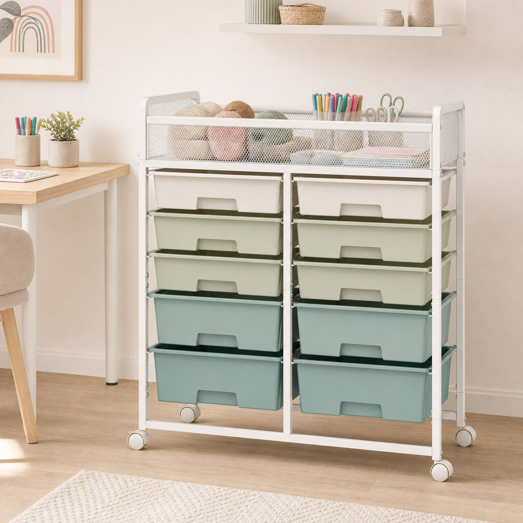 Rolling storage cart organizing craft supplies beside a desk