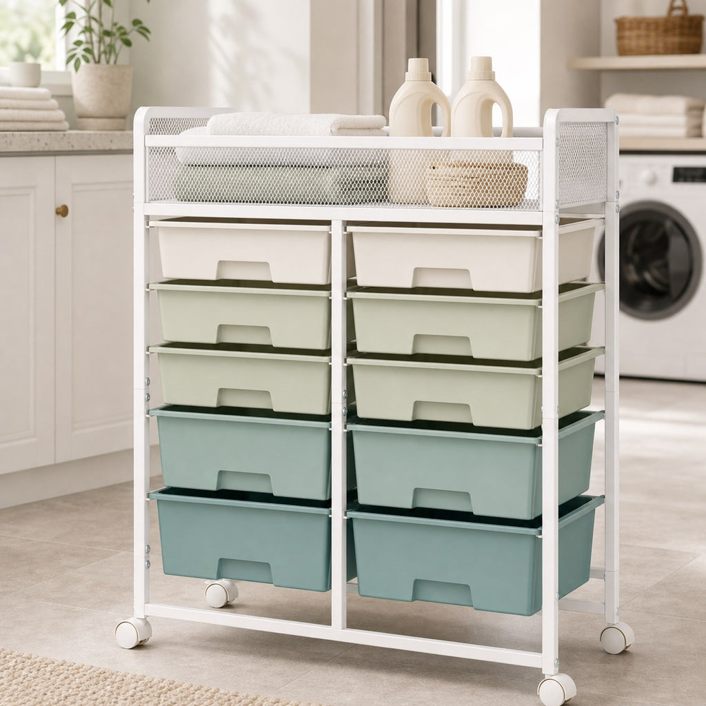 Double-wide drawer cart used for laundry room storage