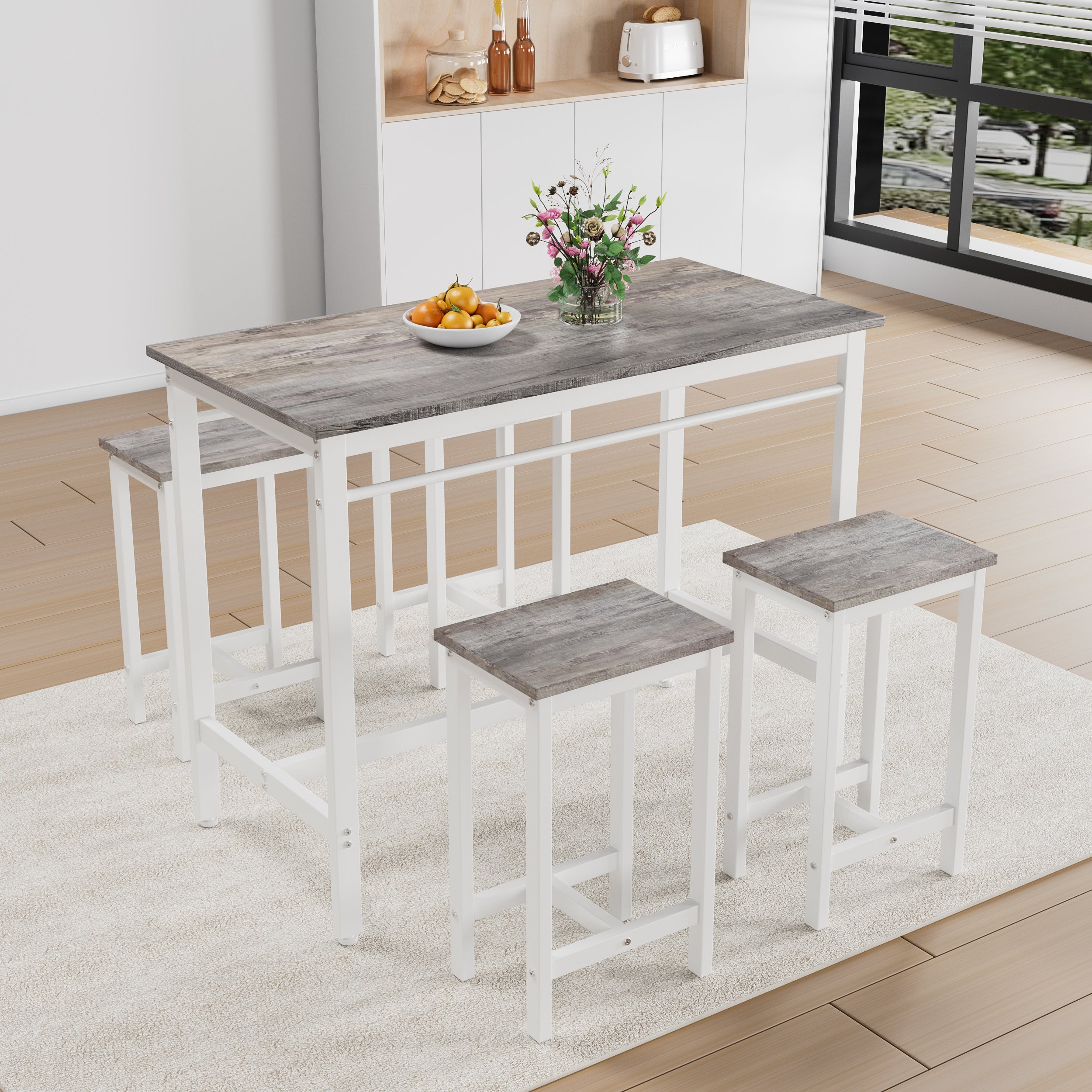 5-piece modern kitchen table with four bar stools Bar table set 5PC,metal frame and MDF, white oak,47.5'' L x 23.7'' W x 35.5'' H.