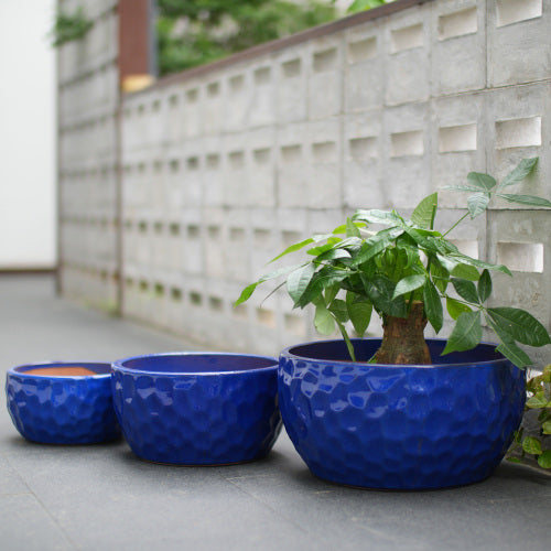 Handmade Ceramic Planter Set of 3, 15"/12"/10" Diameter, Cobalt Blue Hammered Texture, for Succulents & Violets, Indoor/Outdoor Use on Windowsill & Bookshelf, Breathable Clay