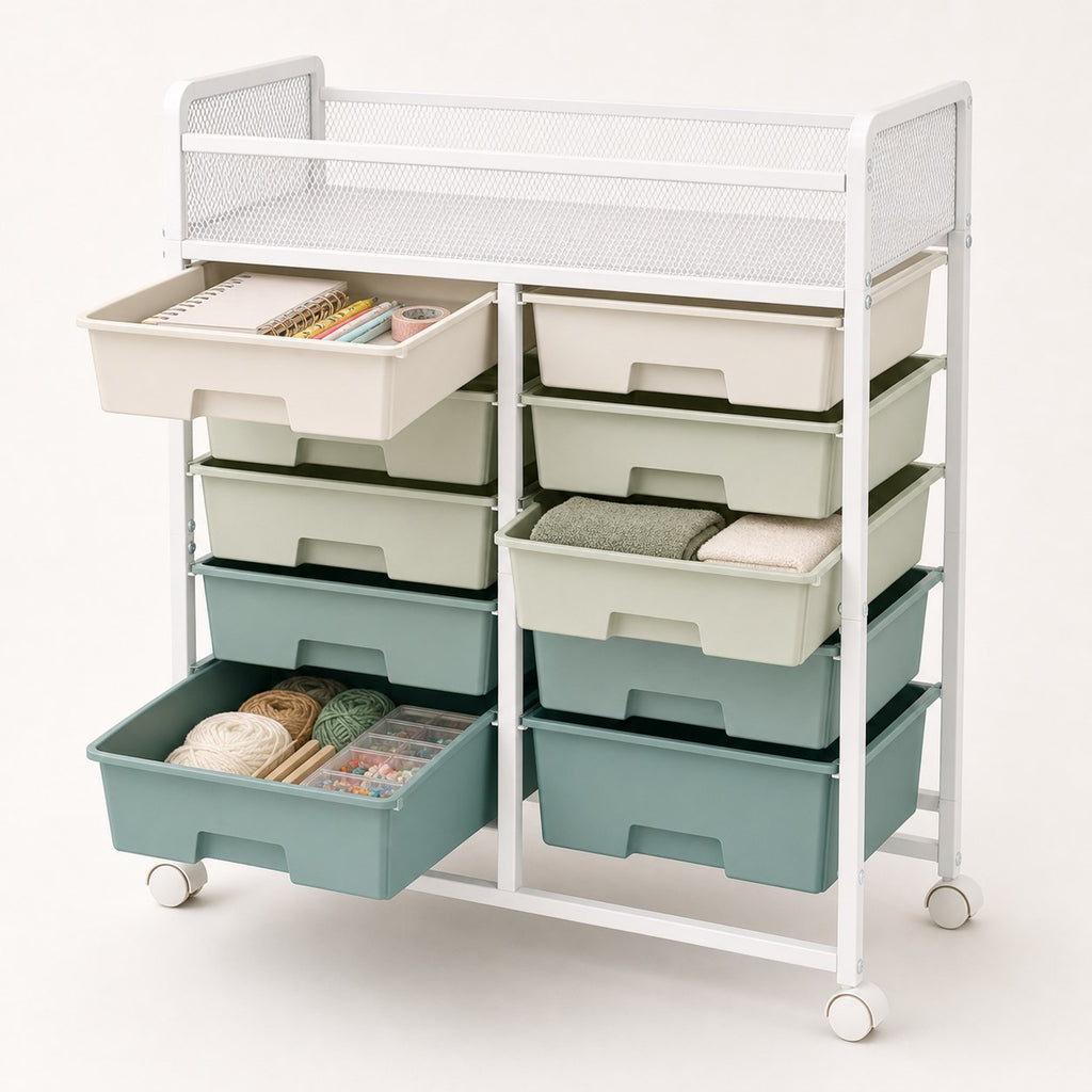 Ten-drawer rolling cart with three drawers open to show storage capacity
