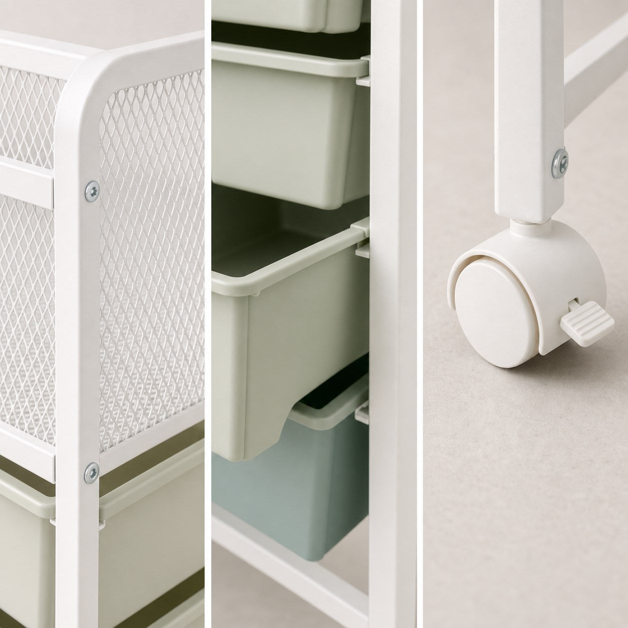 Close-up of mesh top, drawer rails and locking caster wheel