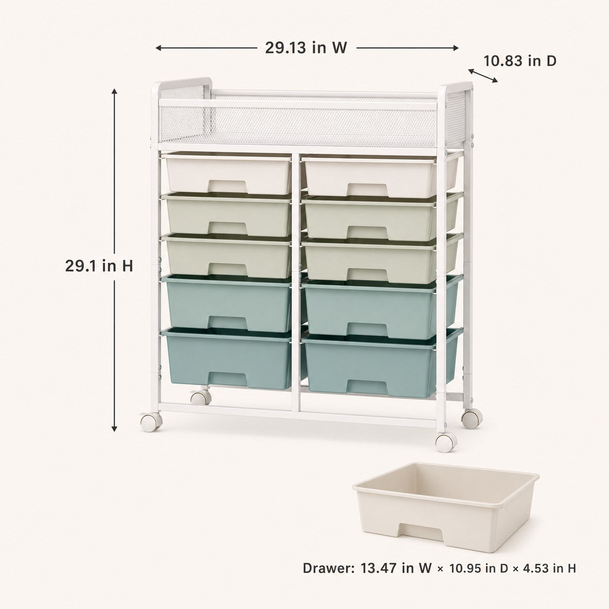 Double-wide rolling storage cart dimensions and drawer size