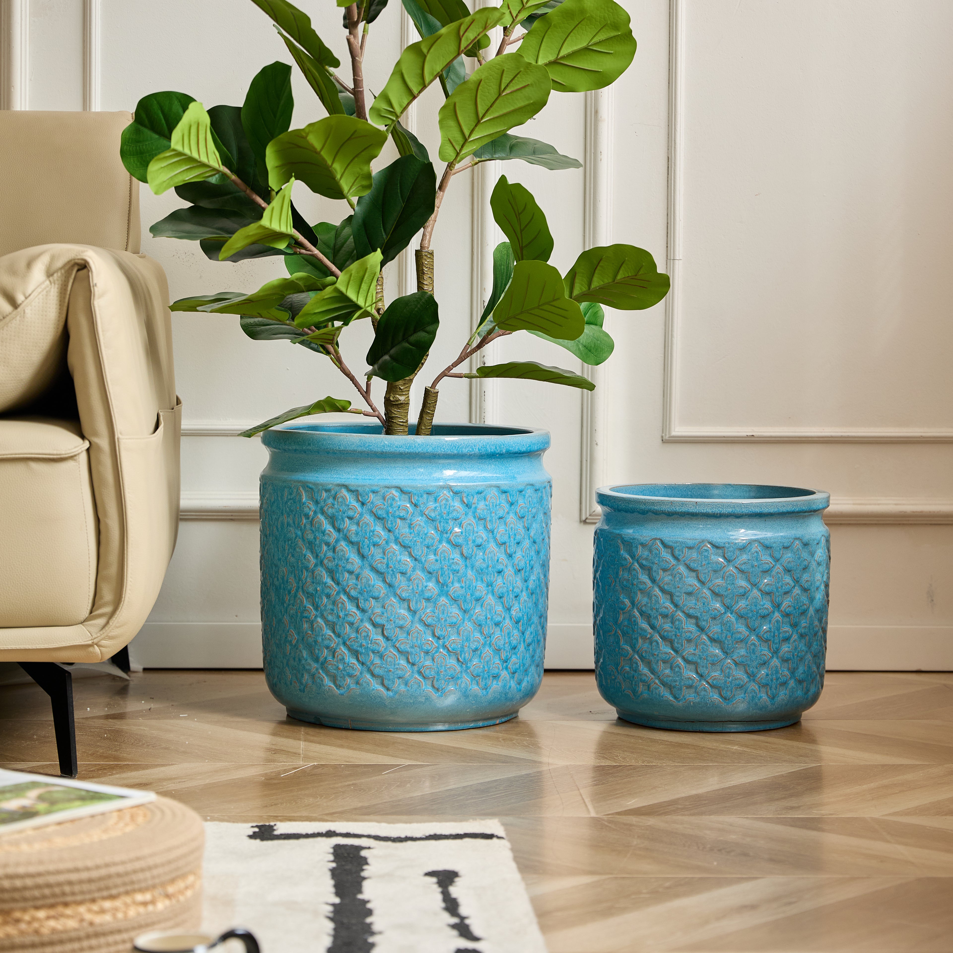 Handmade Ceramic Flower Pot Set of 3, 15/12/9 Inch Diameter, Blue with Geometric Pattern, for Orchids Indoor/Outdoor Use on Windowsill & Bookshelf, Breathable Clay