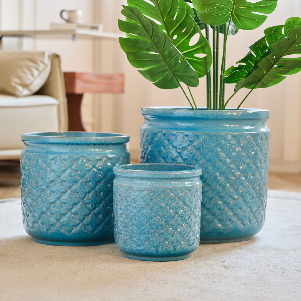 Handmade Ceramic Flower Pot Set of 3, 15/12/9 Inch Diameter, Blue with Geometric Pattern, for Orchids Indoor/Outdoor Use on Windowsill & Bookshelf, Breathable Clay