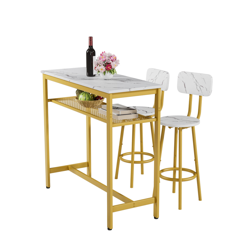 Dining Table Set with 2 Stools,3 Piece Counter Height for Kitchen, Living Room, Small Apartment Breakfast Table White Faux Marble Top