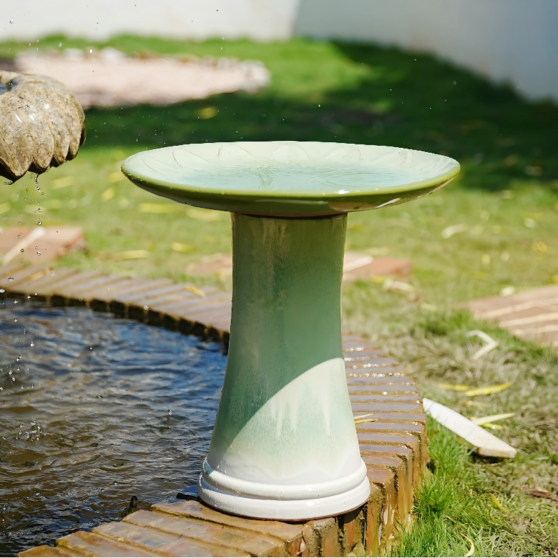 Handmade glazed ceramic bird bath, 17" daisy petal embossed tray & 18" pedestal base, off-white to sage green ombre gradient glaze outdoor bird feeder for yard, lawn, patio & backyard