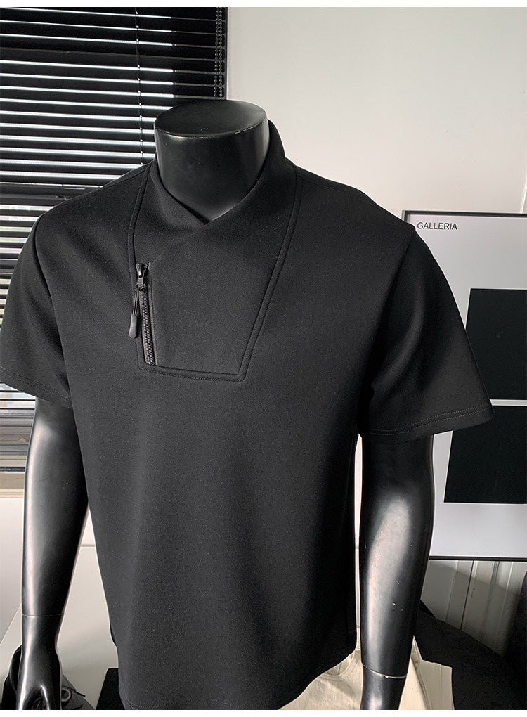 Men's Huamian Cotton Diagonal Zipper V-neck Short Sleeve T-Shirt