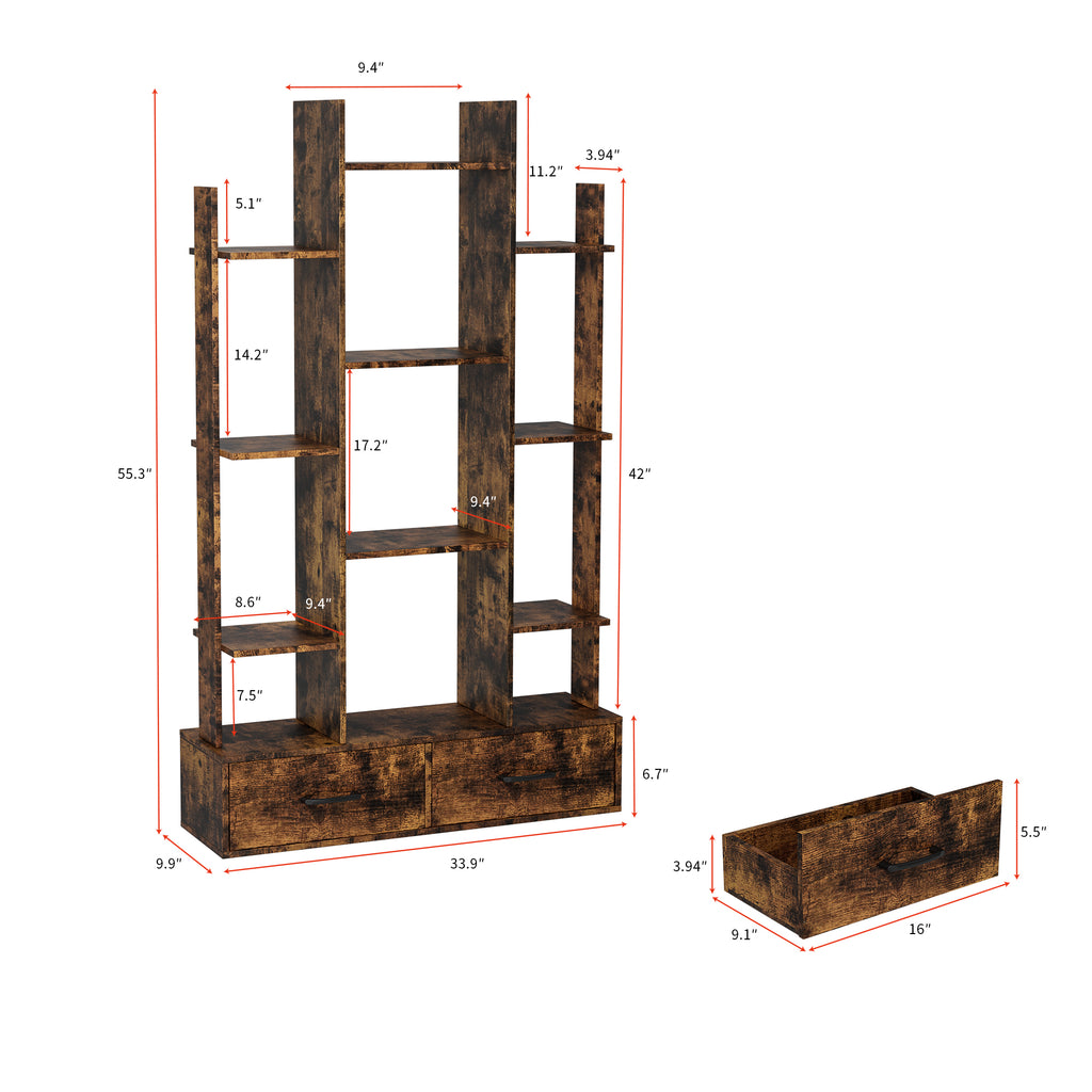 12-Shelf Tree Bookcase with 2 Drawers