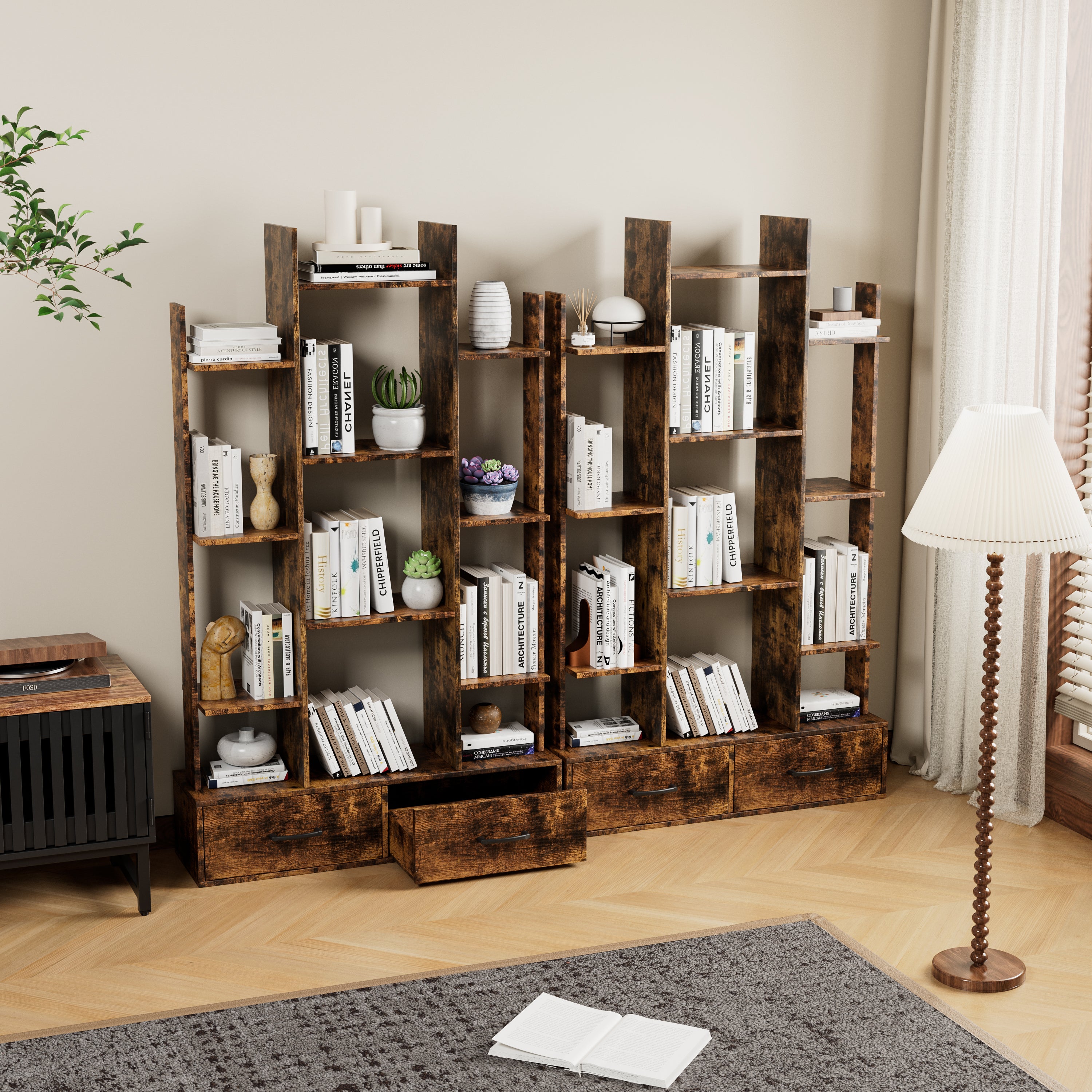 12-Shelf Tree Bookcase with 2 Drawers