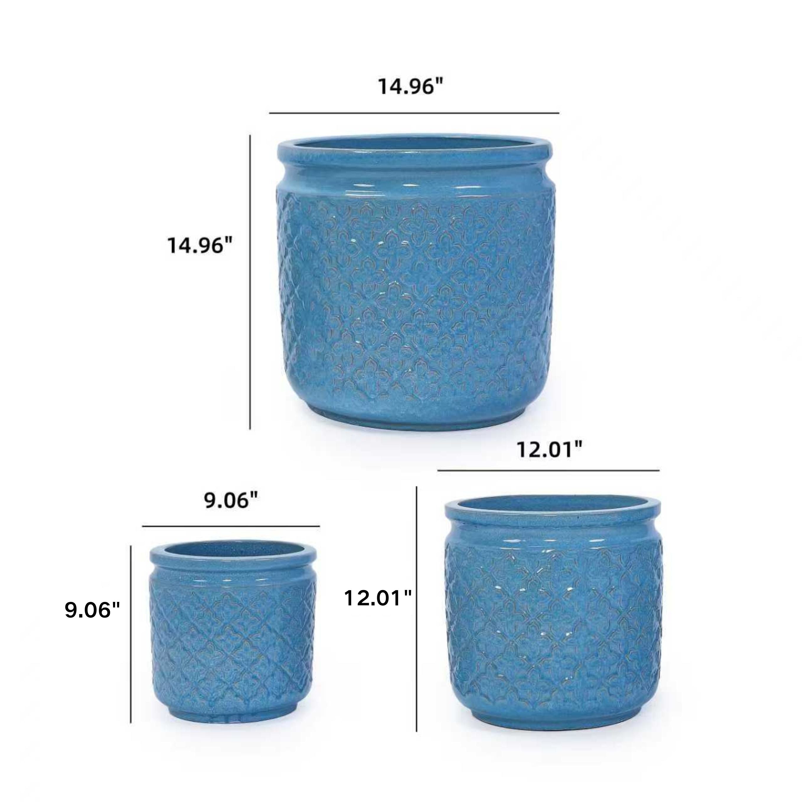 Handmade Ceramic Flower Pot Set of 3, 15/12/9 Inch Diameter, Blue with Geometric Pattern, for Orchids Indoor/Outdoor Use on Windowsill & Bookshelf, Breathable Clay