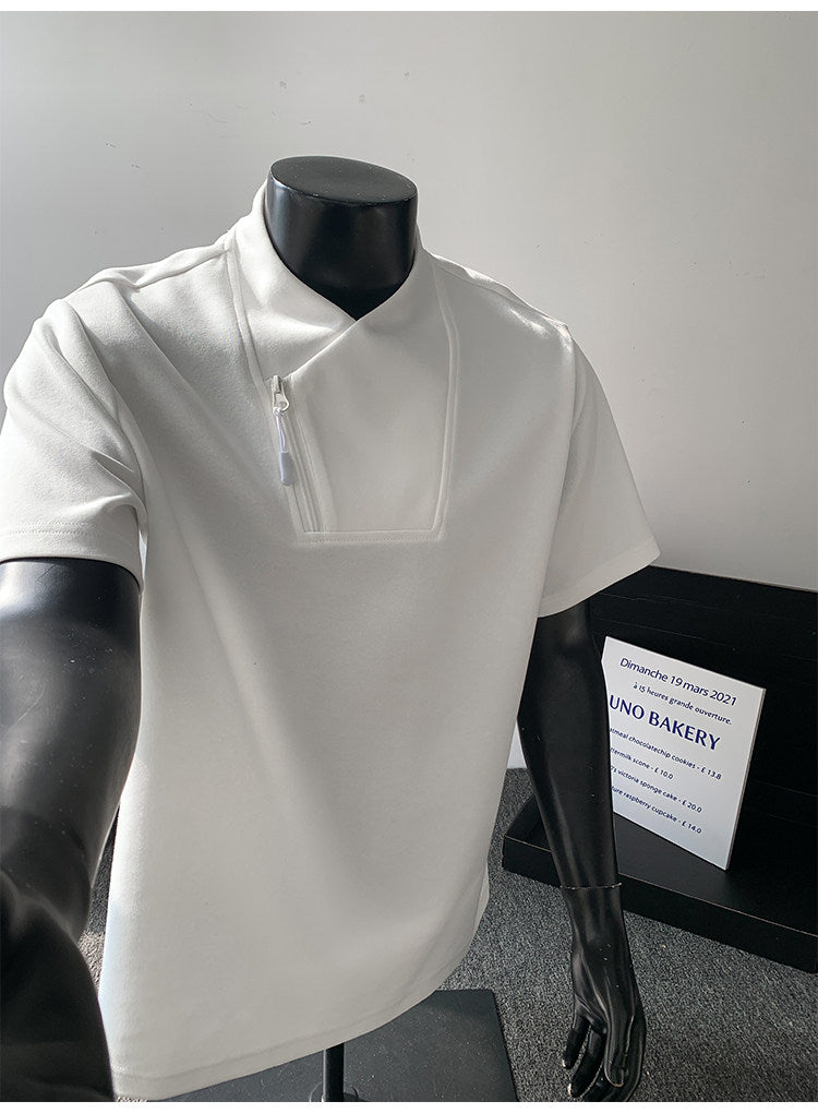 Men's Huamian Cotton Diagonal Zipper V-neck Short Sleeve T-Shirt