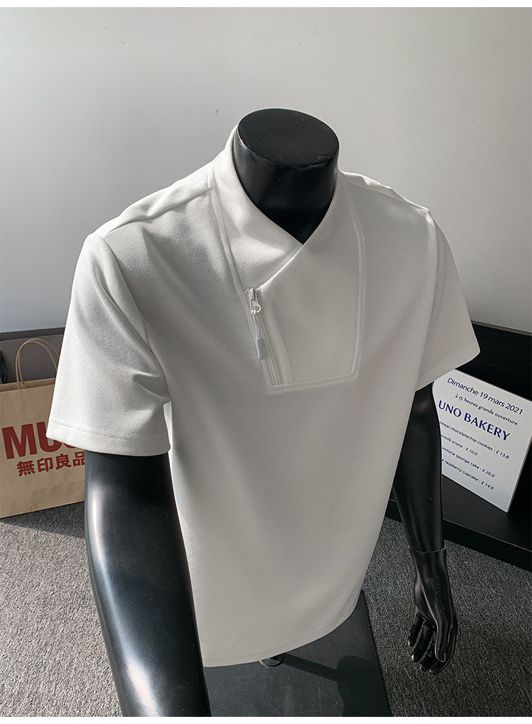 Men's Huamian Cotton Diagonal Zipper V-neck Short Sleeve T-Shirt