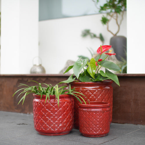 Handmade Ceramic Planter Set of 3, 15/12/9 Inch Diameter, Burgundy Diamond-Pattern, for Orchids & Indoor Plants, Windowsill & Bookshelf Use, Breathable Clay