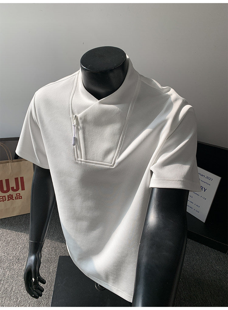 Men's Huamian Cotton Diagonal Zipper V-neck Short Sleeve T-Shirt