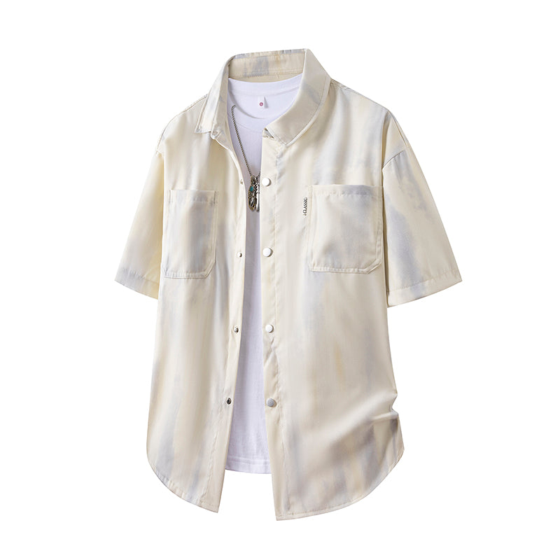 Men's Gradient Workwear Short-Sleeve Shirt, Summer New Tie-Dye Casual Loose Ice Silk Shirt, Fashion Teenagers Breathable Button Down Shirts