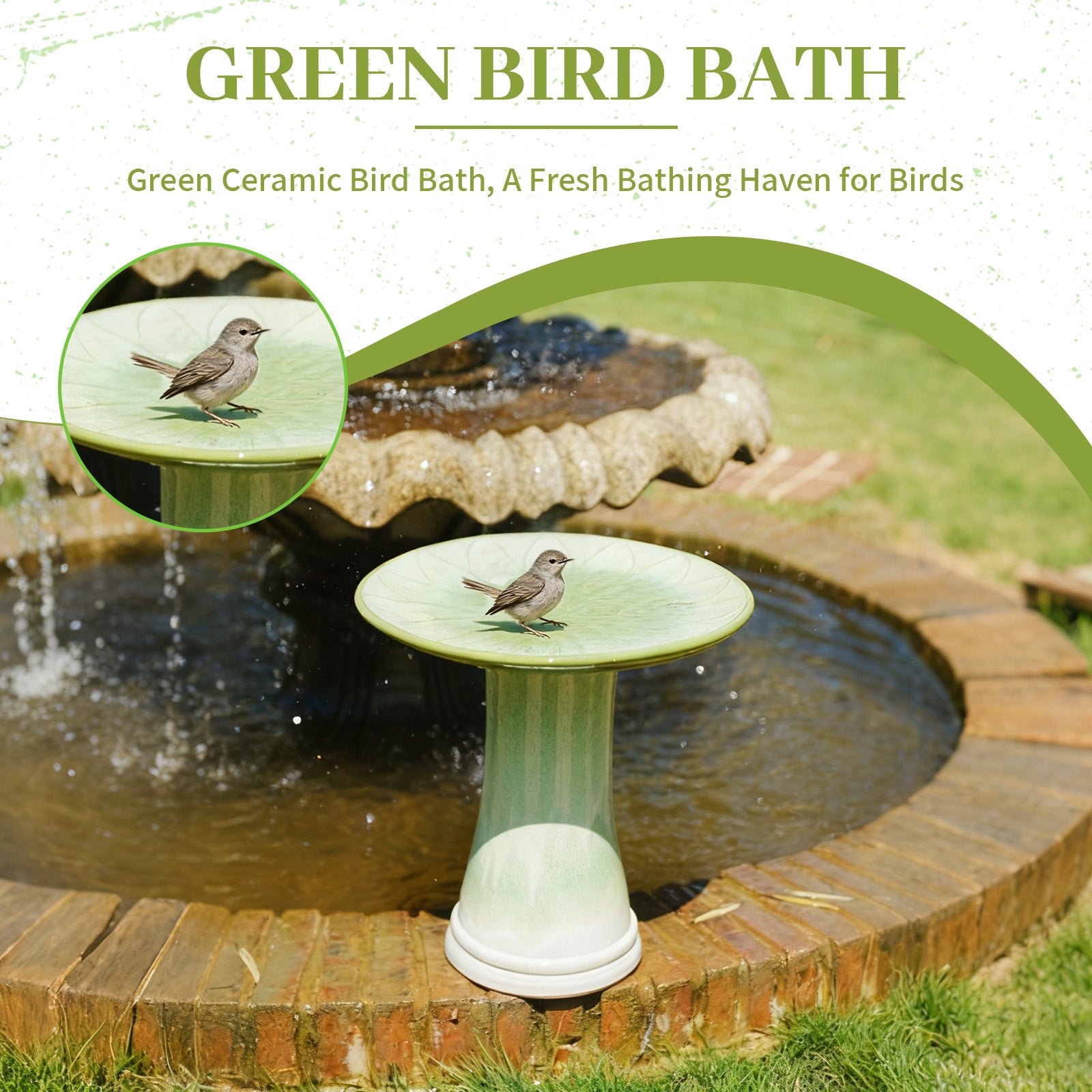 Handmade glazed ceramic bird bath, 17" daisy petal embossed tray & 18" pedestal base, off-white to sage green ombre gradient glaze outdoor bird feeder for yard, lawn, patio & backyard