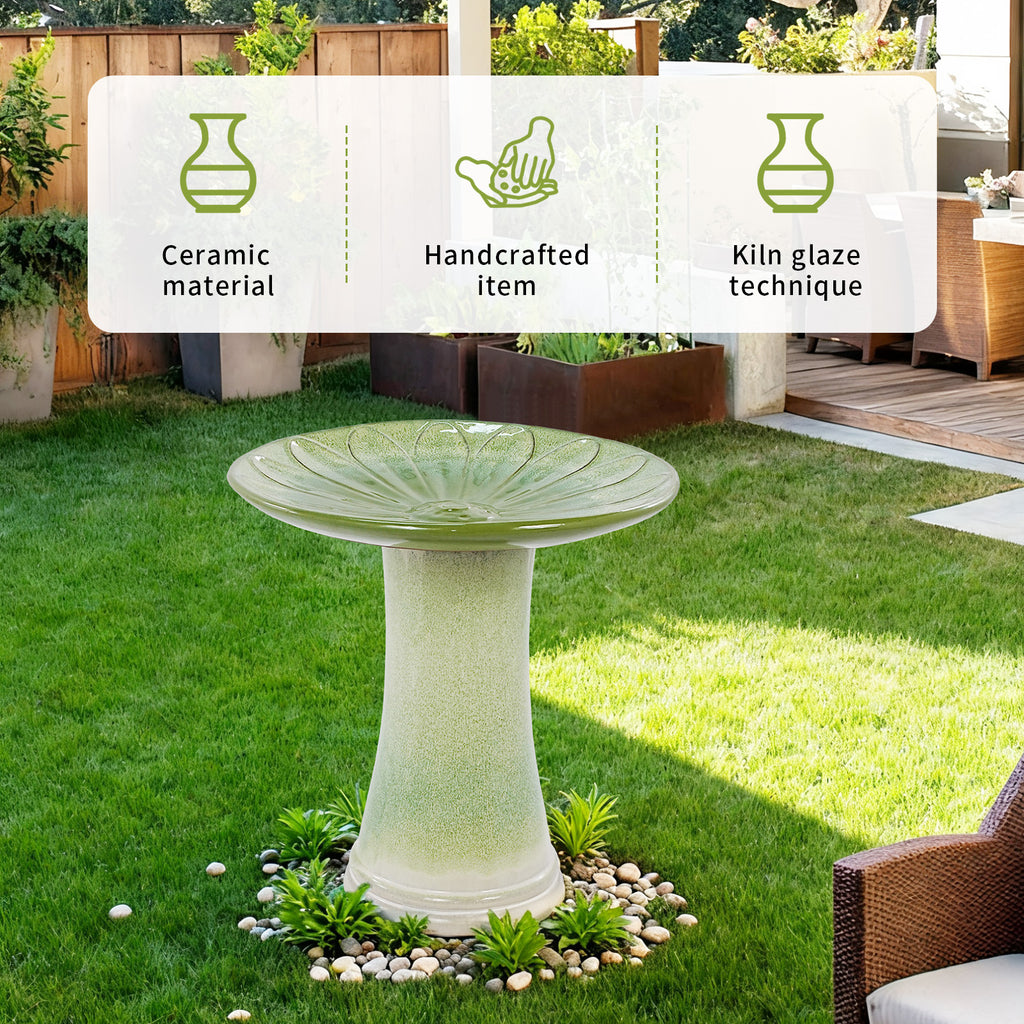 Handmade glazed ceramic bird bath, 17" daisy petal embossed tray & 18" pedestal base, off-white to sage green ombre gradient glaze outdoor bird feeder for yard, lawn, patio & backyard