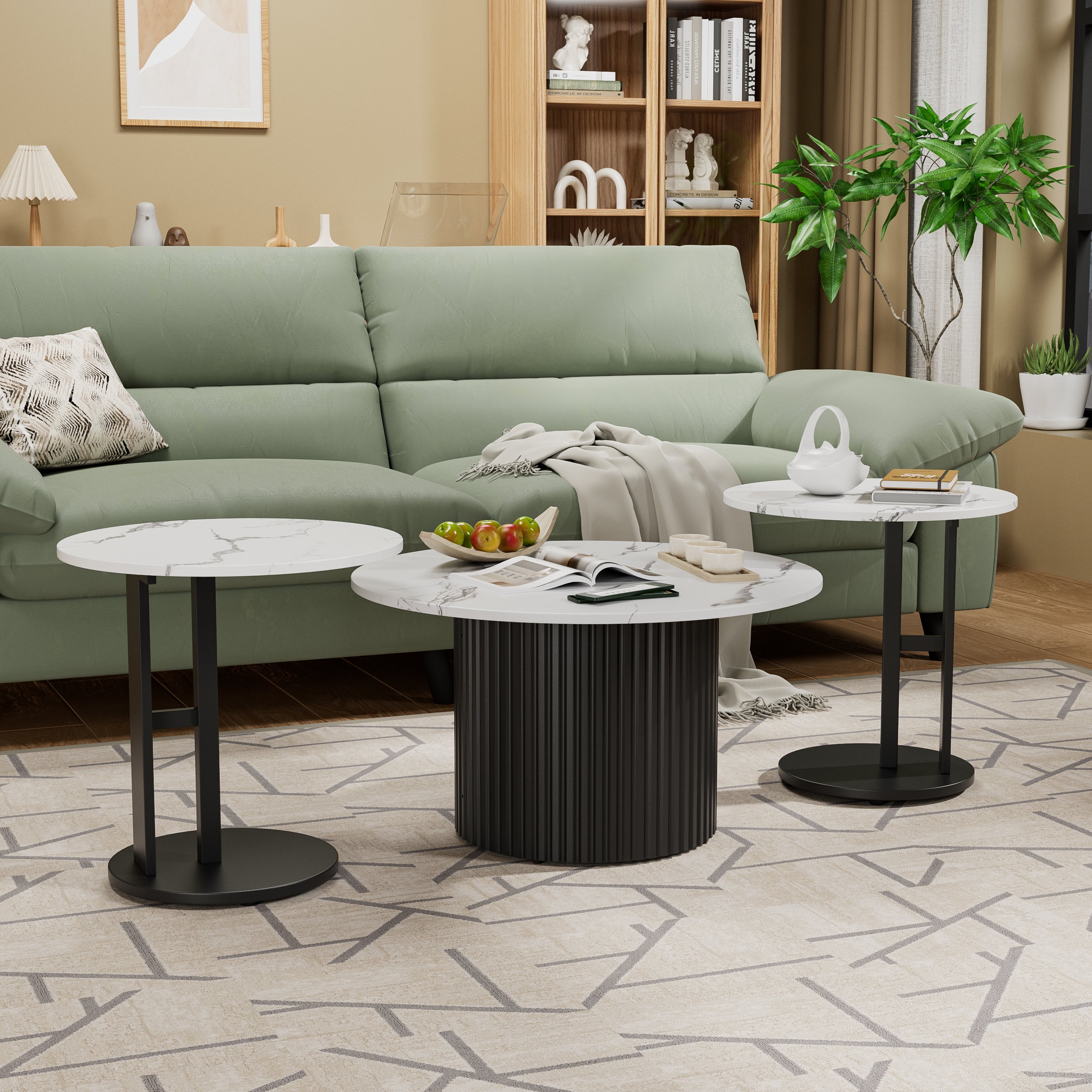 Coffee Table Set of 3, Modern Nesting Coffee Tables with Faux Marble Top and Metal Legs, Round Coffee & Side Tables with Ribbed Design for Living Room, Small Space Apartment