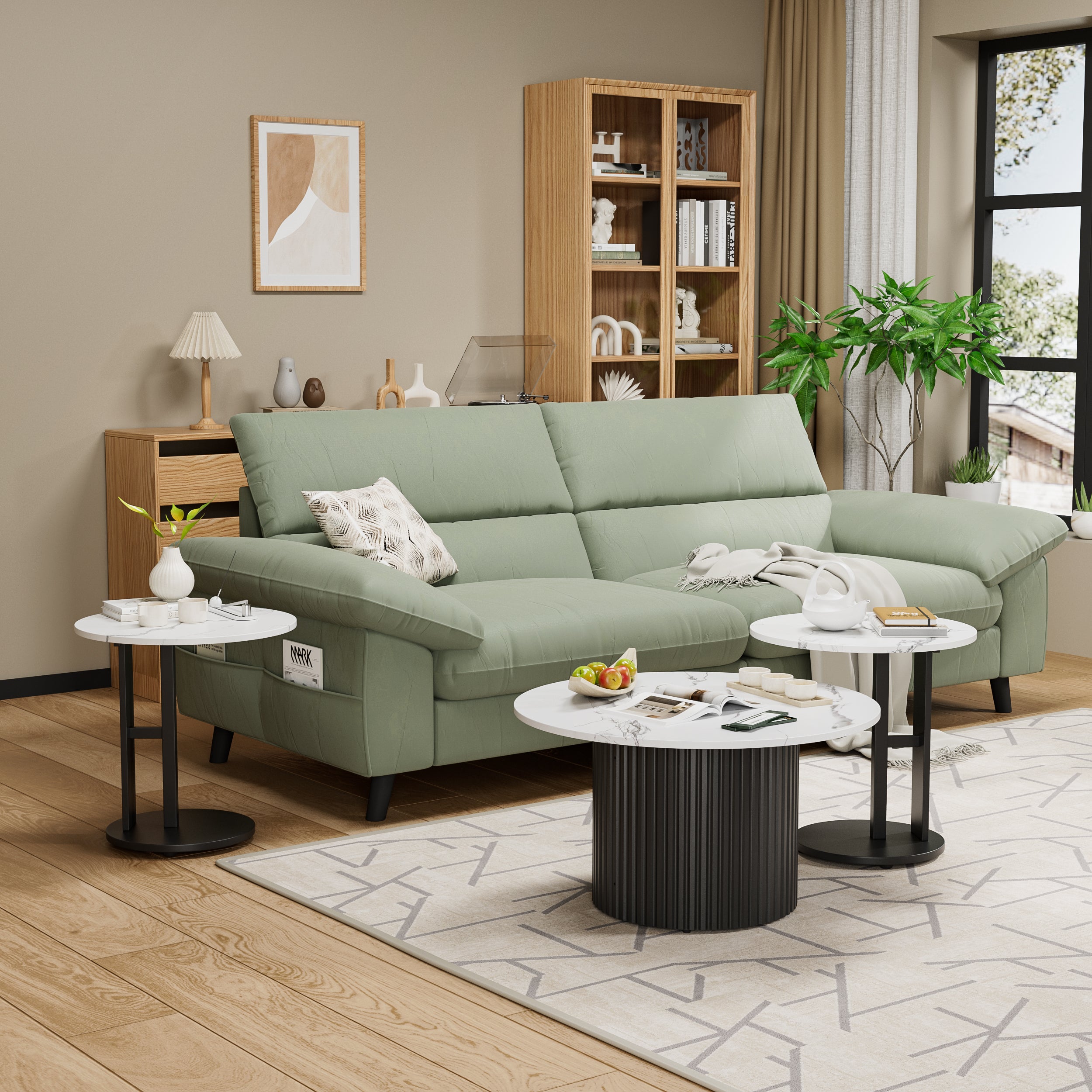 Coffee Table Set of 3, Modern Nesting Coffee Tables with Faux Marble Top and Metal Legs, Round Coffee & Side Tables with Ribbed Design for Living Room, Small Space Apartment