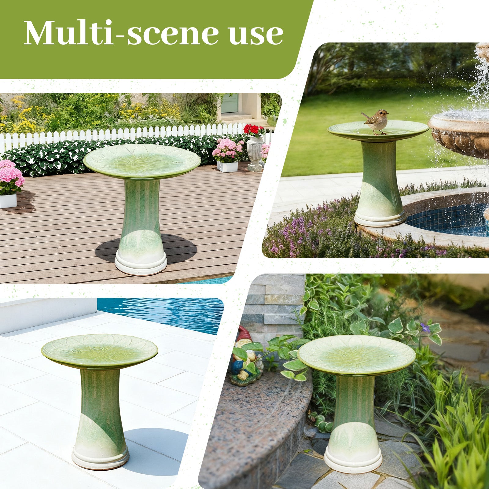 Handmade glazed ceramic bird bath, 17" daisy petal embossed tray & 18" pedestal base, off-white to sage green ombre gradient glaze outdoor bird feeder for yard, lawn, patio & backyard