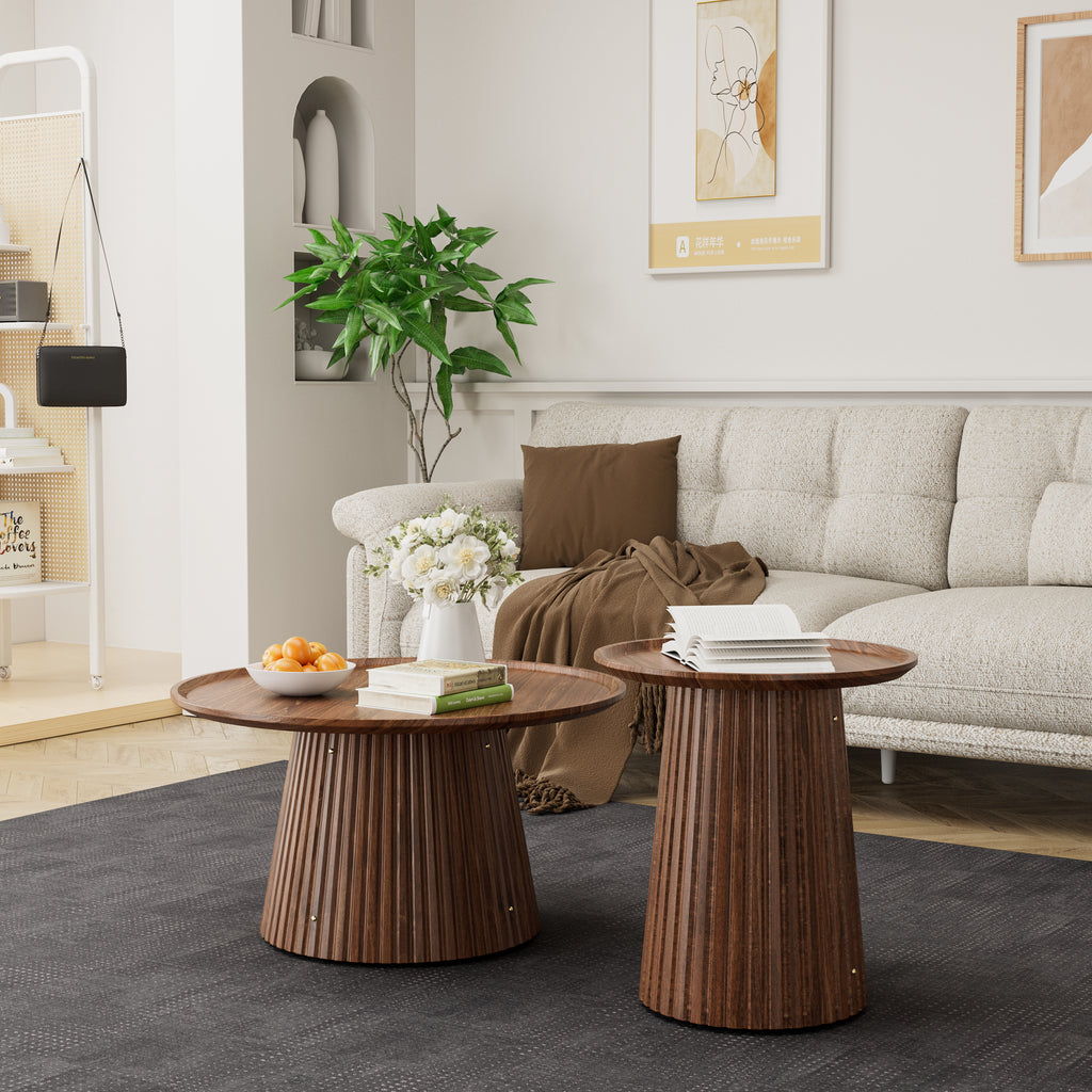 Round Coffee Table Set of 2, Large & Small Wooden Center & Side Tables, Modern Walnut Finish for Living Room & Office