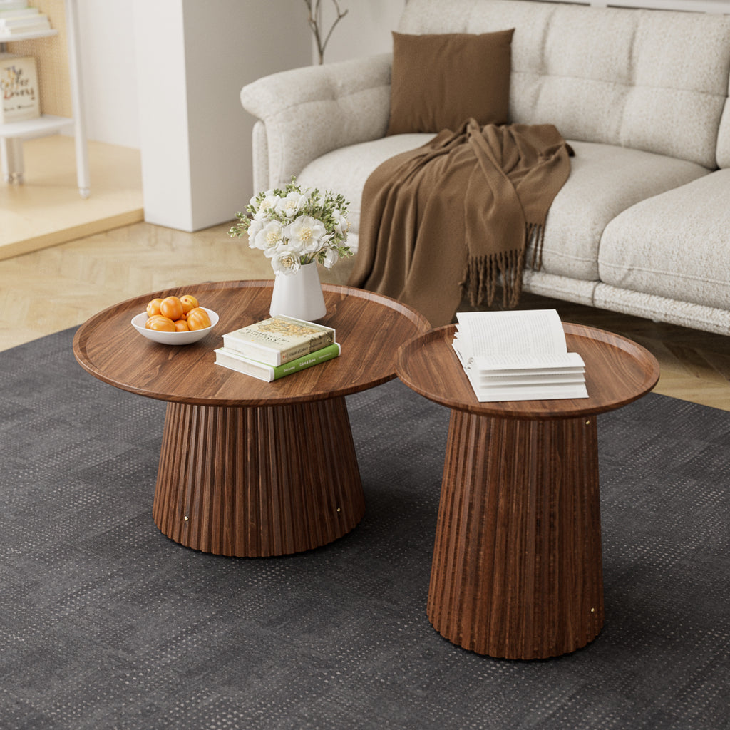 Round Coffee Table Set of 2, Large & Small Wooden Center & Side Tables, Modern Walnut Finish for Living Room & Office