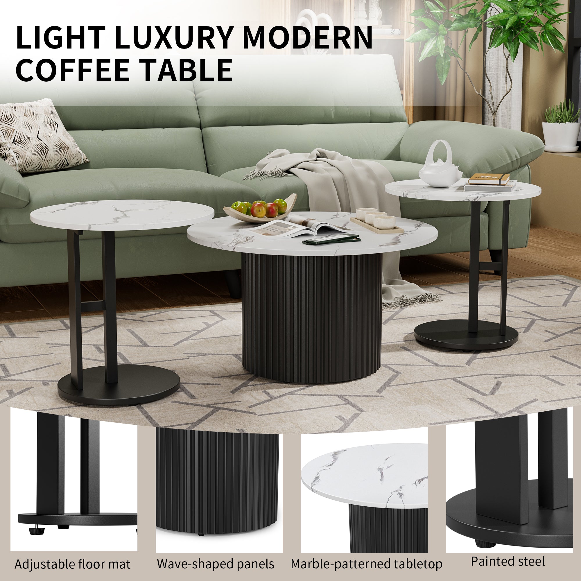Coffee Table Set of 3, Modern Nesting Coffee Tables with Faux Marble Top and Metal Legs, Round Coffee & Side Tables with Ribbed Design for Living Room, Small Space Apartment