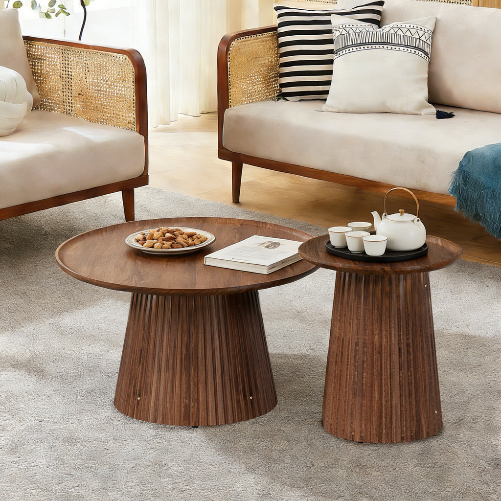 Round Coffee Table Set of 2, Large & Small Wooden Center & Side Tables, Modern Walnut Finish for Living Room & Office
