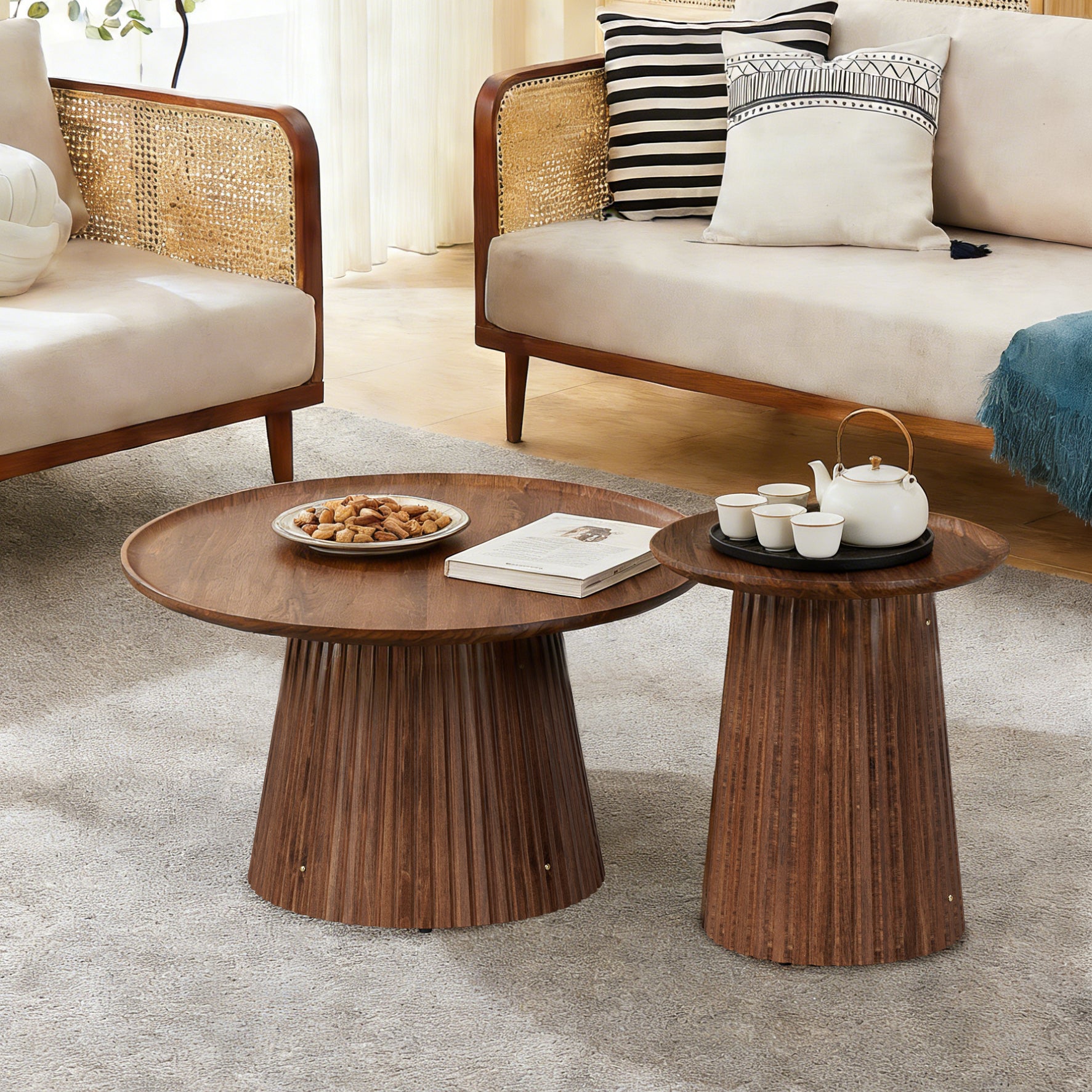 Round Coffee Table Set of 2, Large & Small Wooden Center & Side Tables, Modern Walnut Finish for Living Room & Office