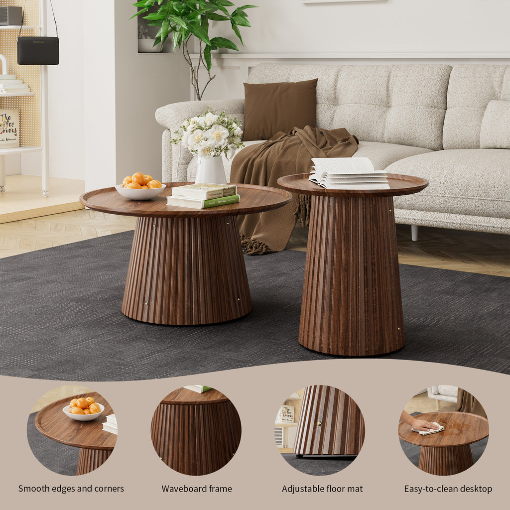 Round Coffee Table Set of 2, Large & Small Wooden Center & Side Tables, Modern Walnut Finish for Living Room & Office