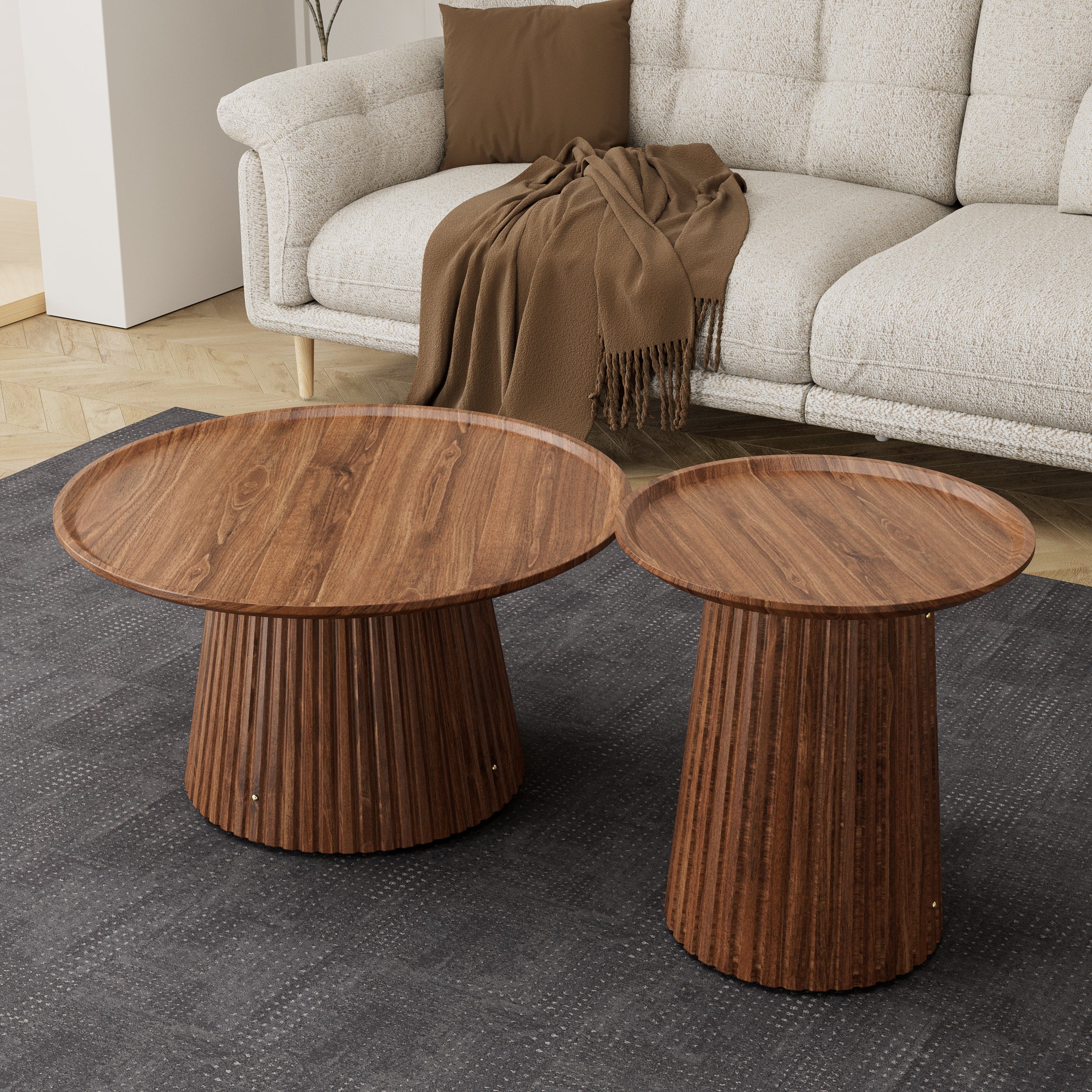 Round Coffee Table Set of 2, Large & Small Wooden Center & Side Tables, Modern Walnut Finish for Living Room & Office