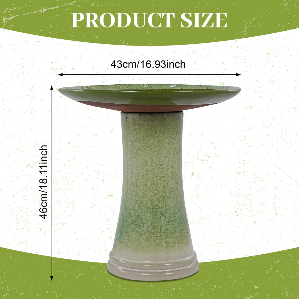 Handmade glazed ceramic bird bath, 17" daisy petal embossed tray & 18" pedestal base, off-white to sage green ombre gradient glaze outdoor bird feeder for yard, lawn, patio & backyard