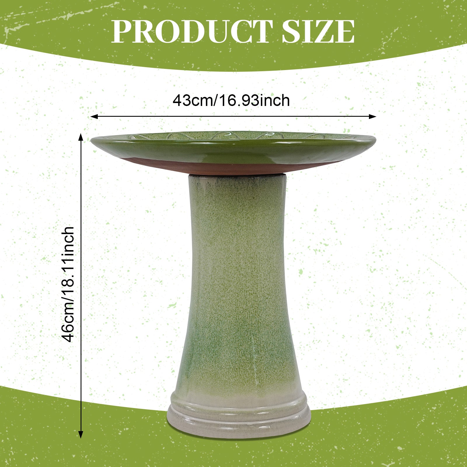 Handmade glazed ceramic bird bath, 17" daisy petal embossed tray & 18" pedestal base, off-white to sage green ombre gradient glaze outdoor bird feeder for yard, lawn, patio & backyard