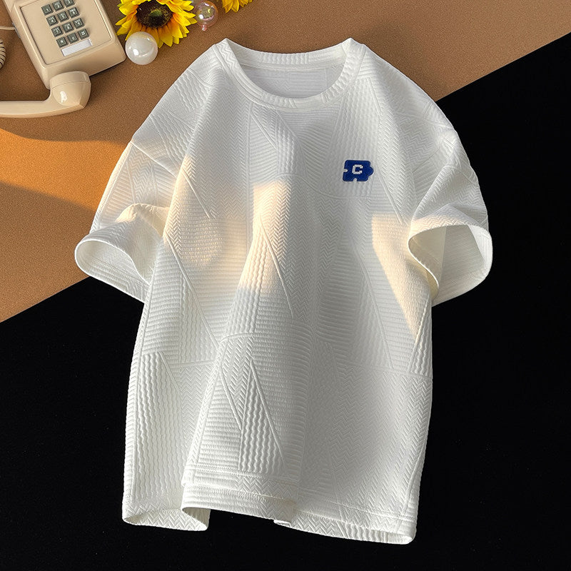 Men's Plus Size Textured Short Sleeve T-Shirt, Summer Letter Brush Embroidery Casual Loose Tee