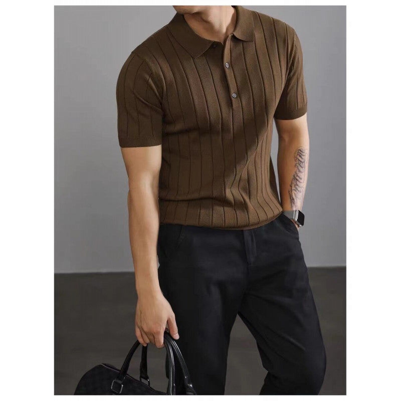 Men's Vintage Ribbed Ice Silk Knit Polo Shirt, Lapel Collar Mature Style Short Sleeve Top
