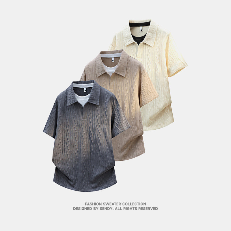 Men's Trendy Loose Jacquard Polo Fake Two-Piece Short Sleeve T-Shirt, Streetwear Half Sleeve Top for Students
