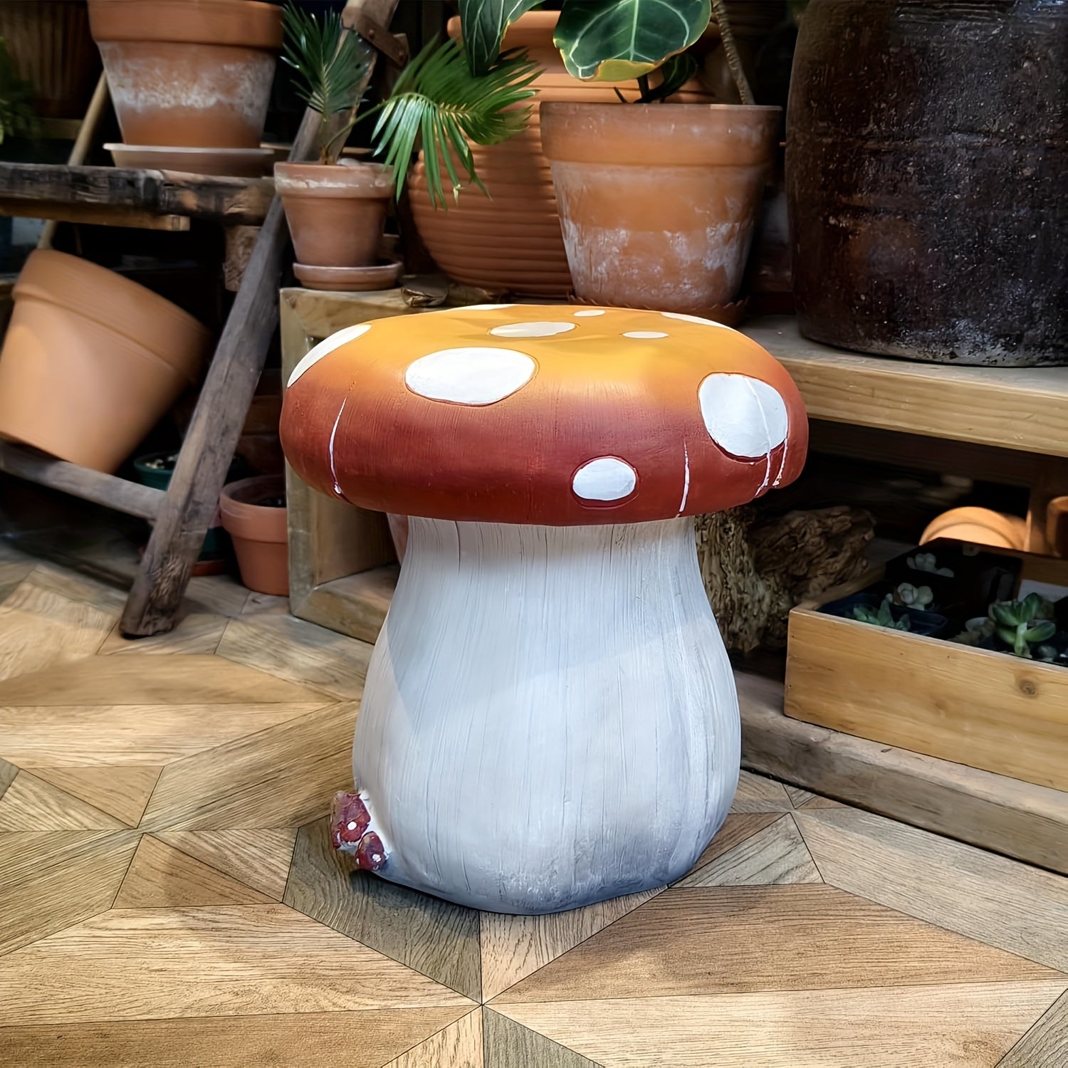 13.4" Oversized Mushroom Statue Stool, Resin Garden Stool with Forest Base – view 4