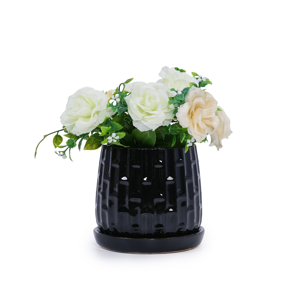 Handmade Ceramic Flower Pot with Groove Pattern, 6 & 8 Inch Diameter, Indoor/Outdoor Use on Windowsill & Bookshelf, Breathable Clay with Saucer