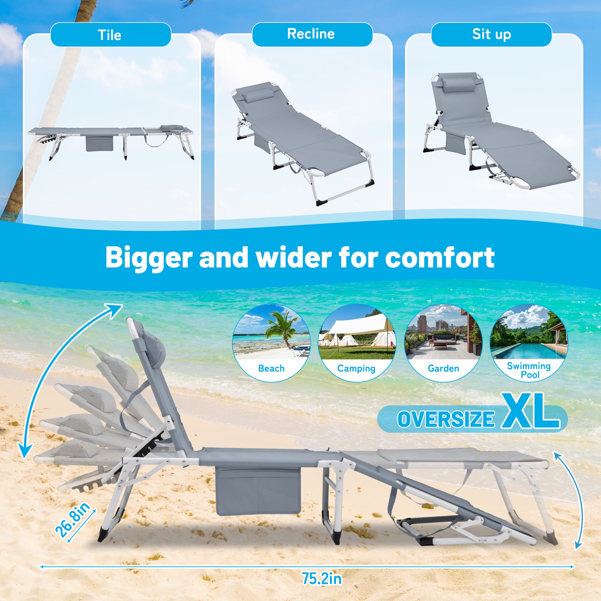 3-in-1 Heavy Duty Tanning Chair with Face Hole Adjustable 5-Position Folding Chaise – view 5