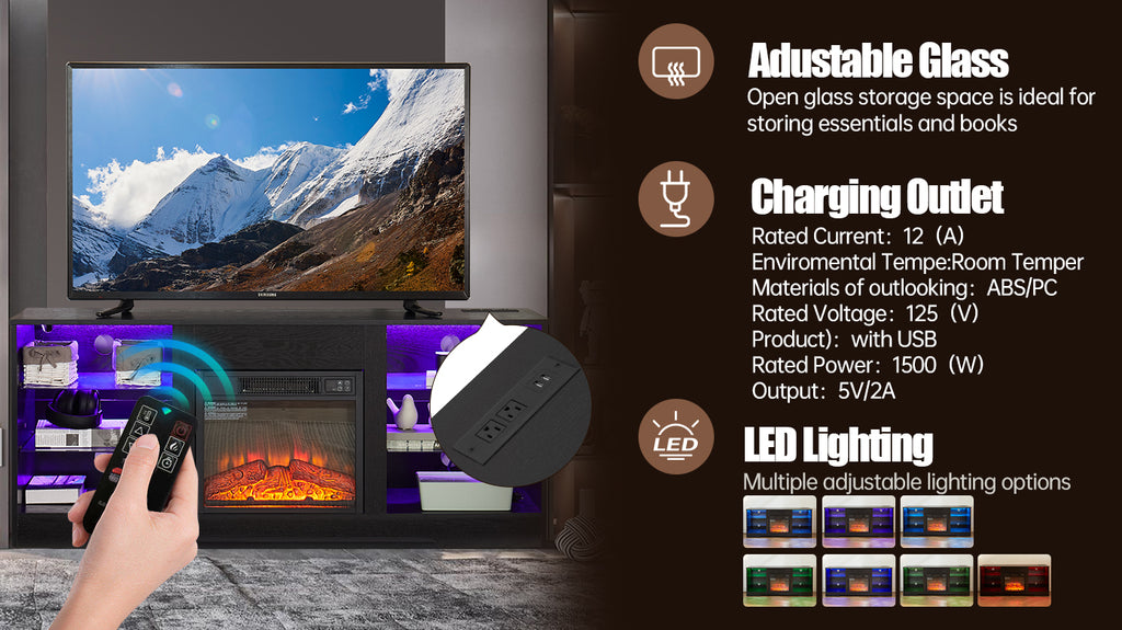 TV Stand Electric Fireplace TV Stand with Glass Shelves – view 4