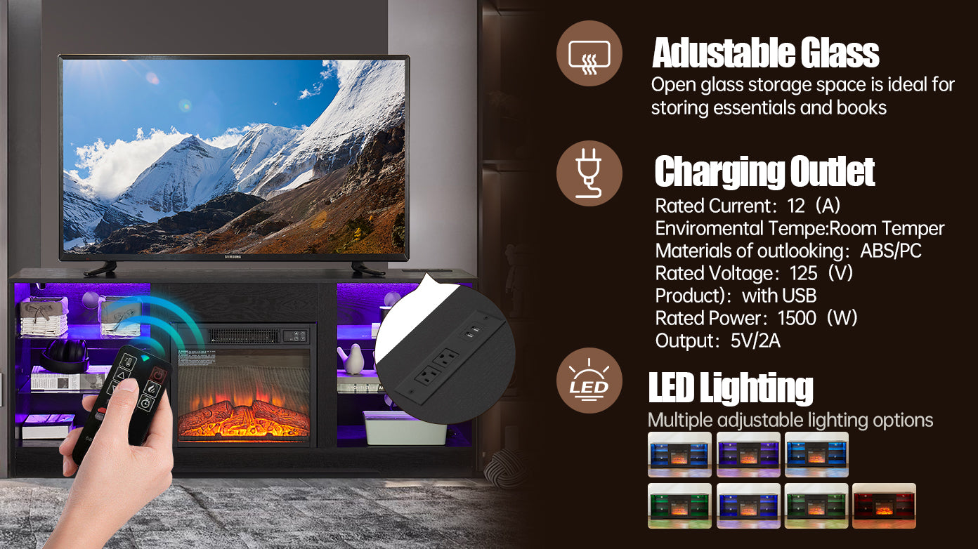 TV Stand Electric Fireplace TV Stand with Glass Shelves – view 4