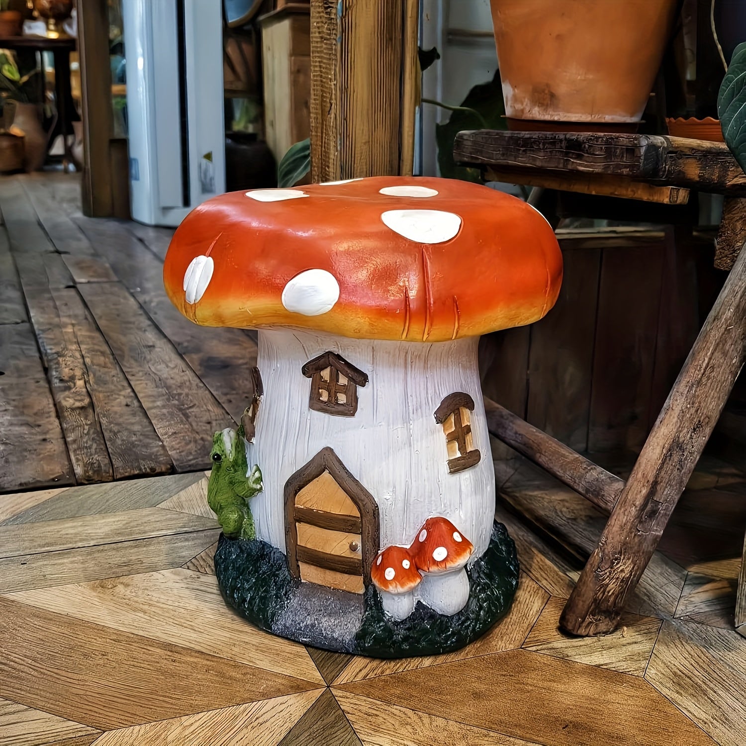 13.4" Mushroom House Garden Stool, Oversized Resin Sculpture & Fairy Forest Base