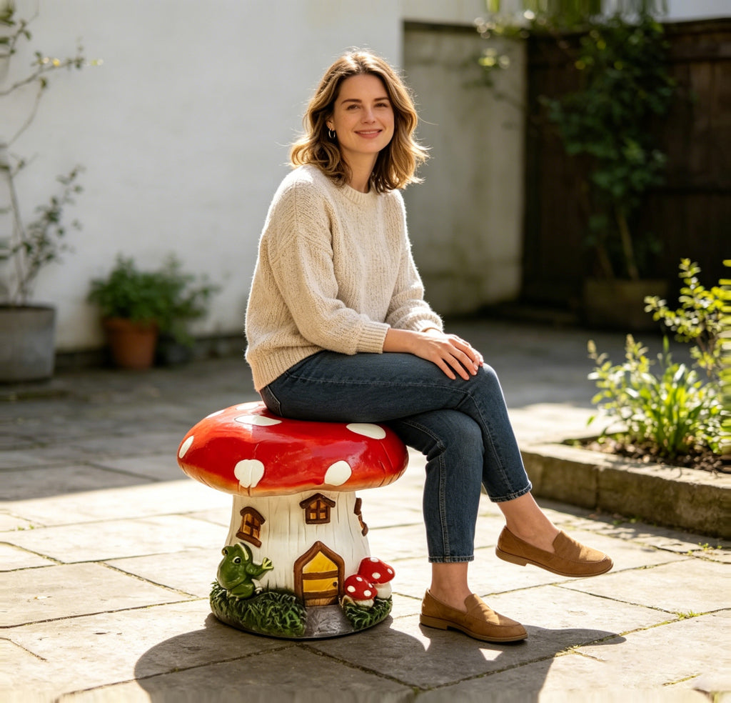 13.4" Mushroom House Garden Stool, Oversized Resin Sculpture & Fairy Forest Base – view 4