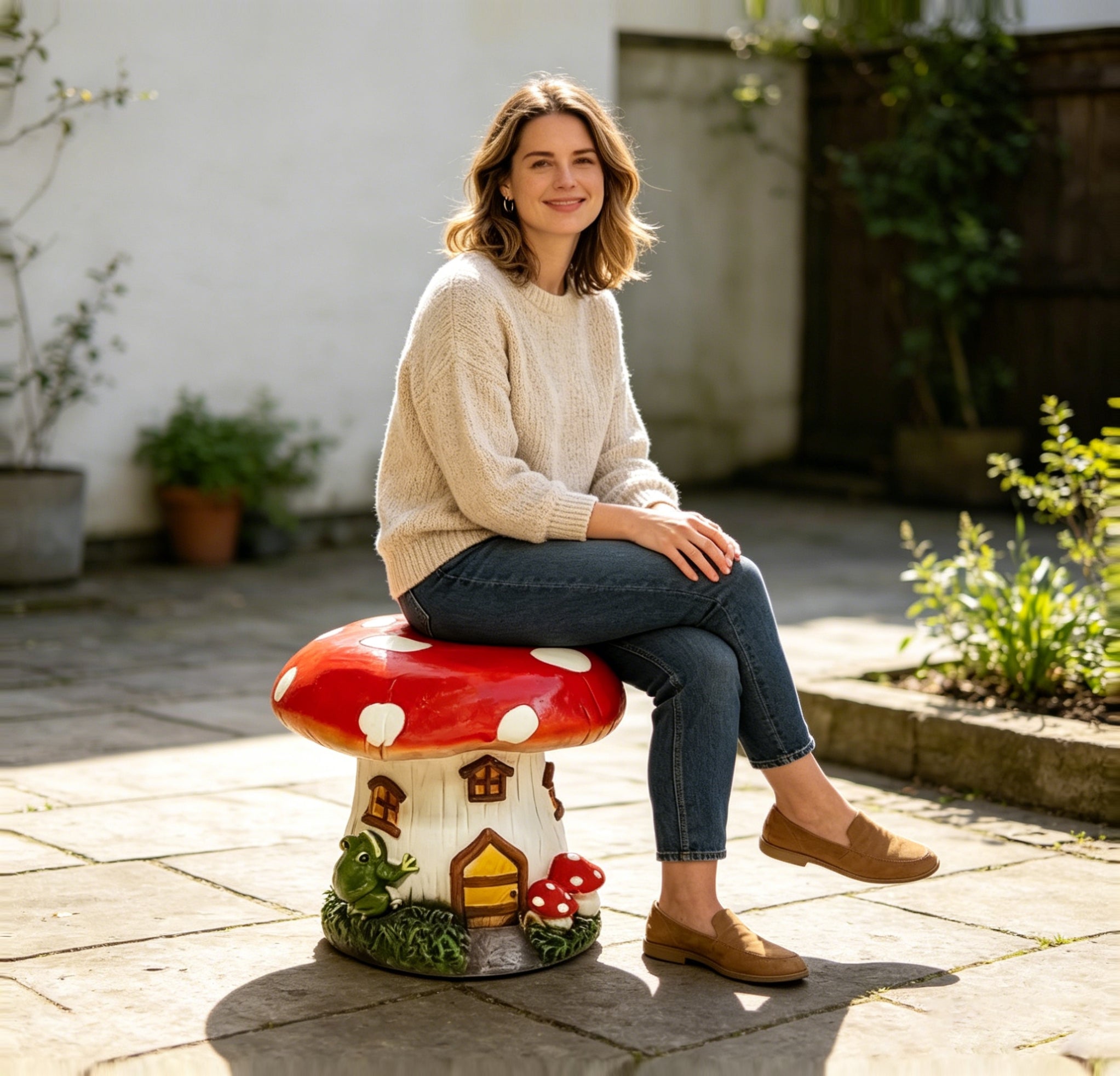 13.4" Mushroom House Garden Stool, Oversized Resin Sculpture & Fairy Forest Base – view 4