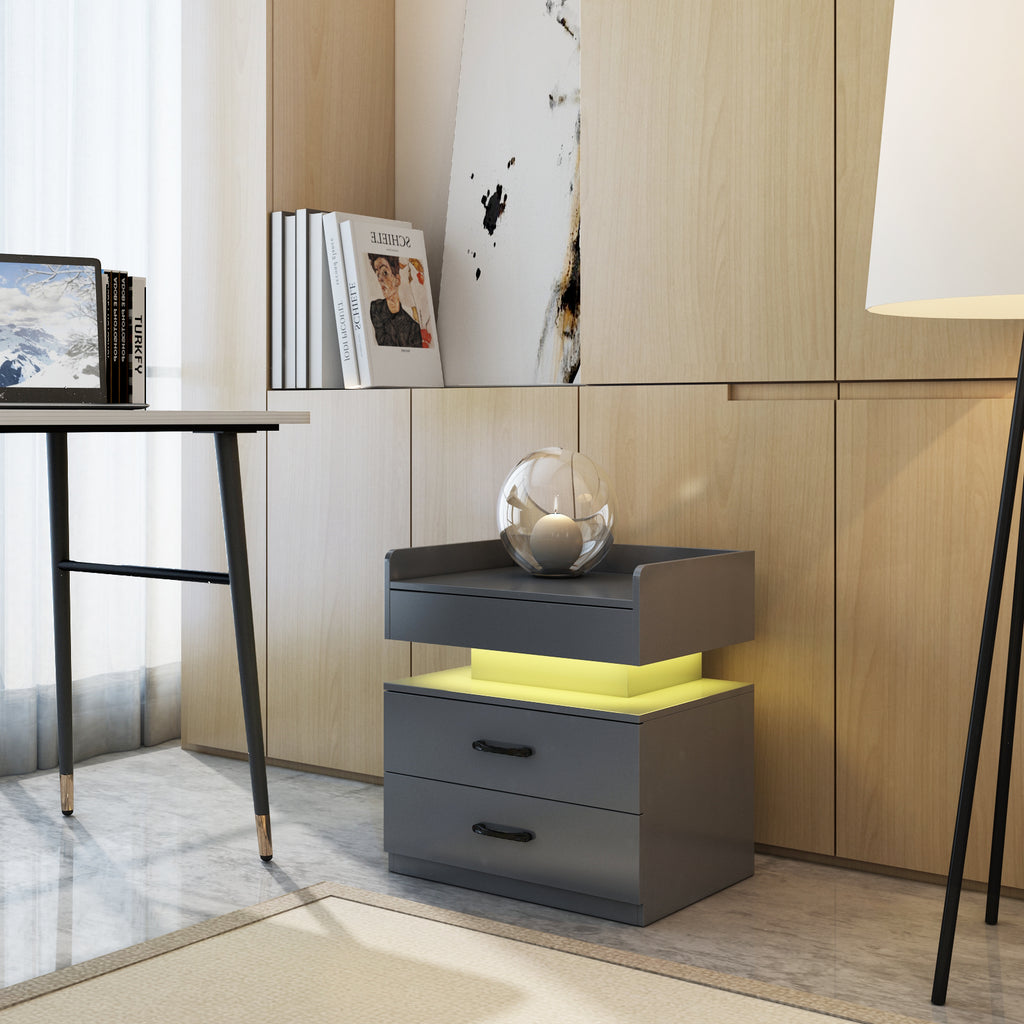 1 Set Nightstand with Adjustable LED Strip Light, 2-drawers, Large Storage Space, Suitable for Bedside Table, Coffee Table, Sofa Side Table or End Table for Study Desk