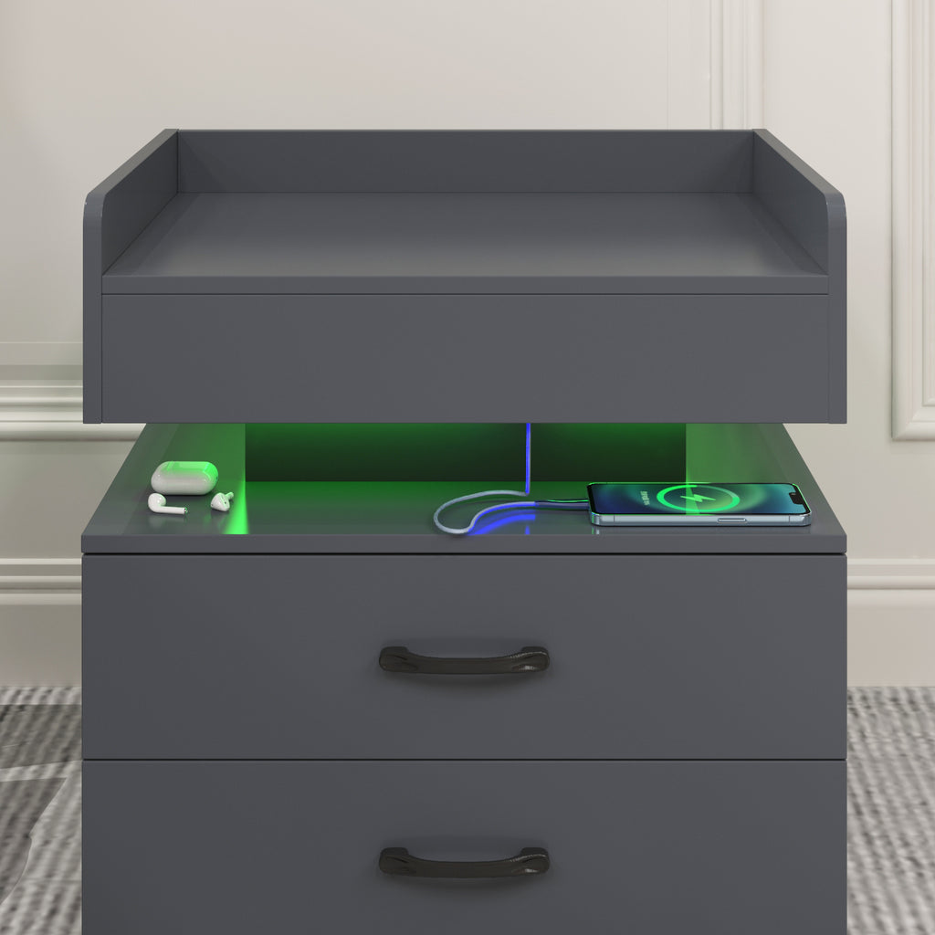 1 Set Nightstand with Adjustable LED Strip Light, 2-drawers, Large Storage Space, Suitable for Bedside Table, Coffee Table, Sofa Side Table or End Table for Study Desk