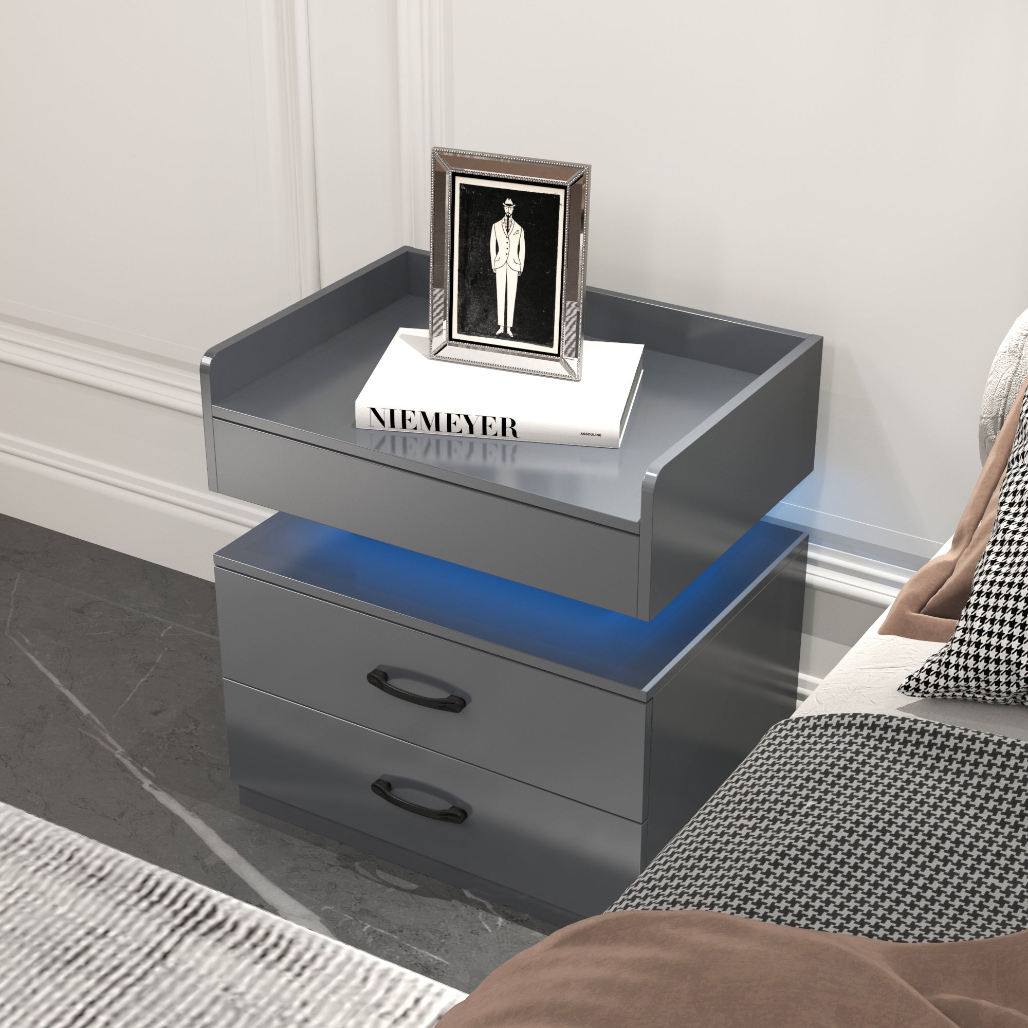 1 Set Nightstand with Adjustable LED Strip Light, 2-drawers, Large Storage Space, Suitable for Bedside Table, Coffee Table, Sofa Side Table or End Table for Study Desk